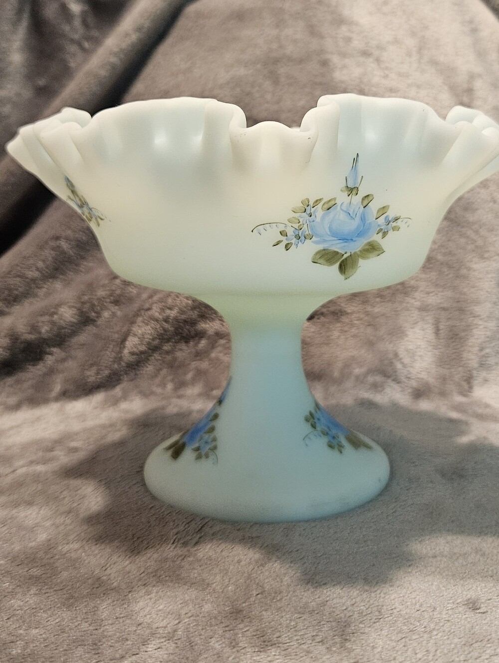 Vintage Fenton hand-painted blue satin glass dish